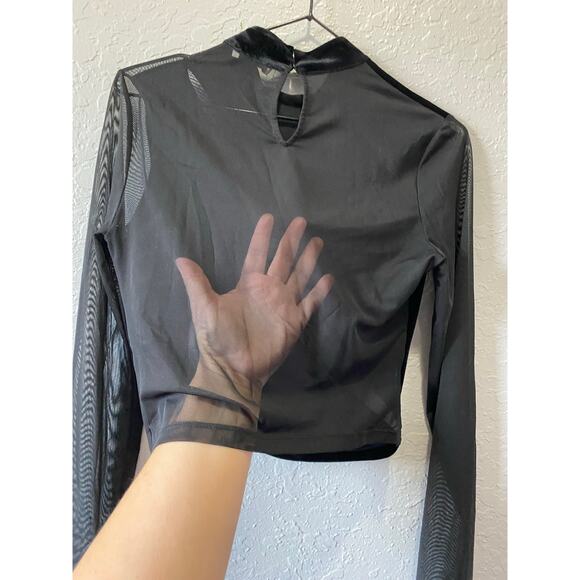 Bershka Mesh and Velvet Cropped Long Sleeve Top Black Sz L Party Glam Club - Picture 8 of 8